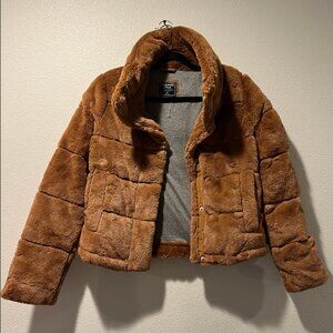 Abercrombie & Fitch Luxe Faux Fur Puffer Jacket - Cognac Brown - Size XS